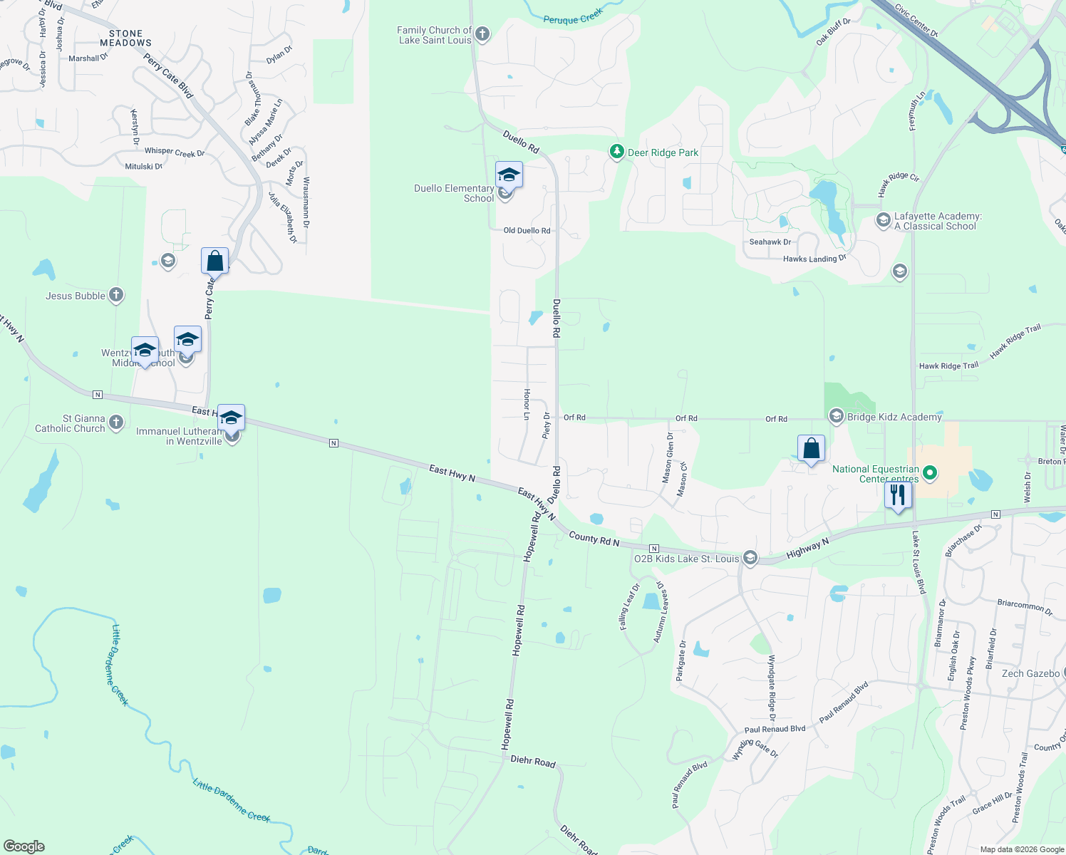 map of restaurants, bars, coffee shops, grocery stores, and more near 214 Honor Lane in Lake Saint Louis