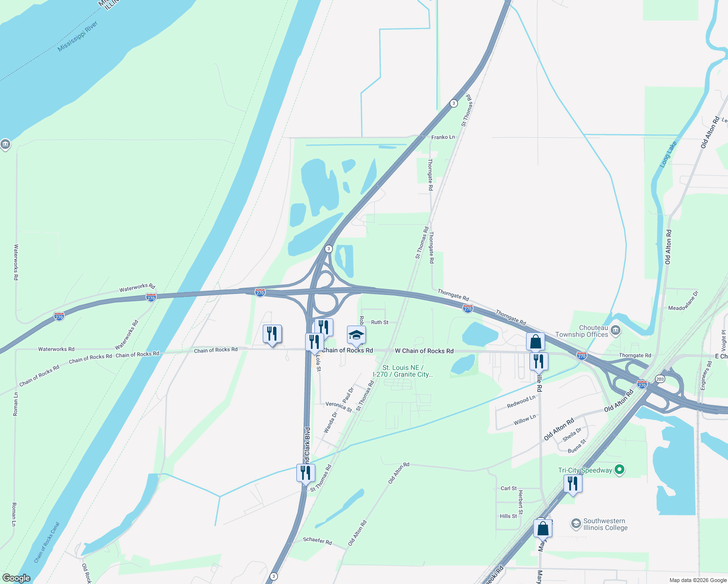 map of restaurants, bars, coffee shops, grocery stores, and more near Interstate 270 in Granite City