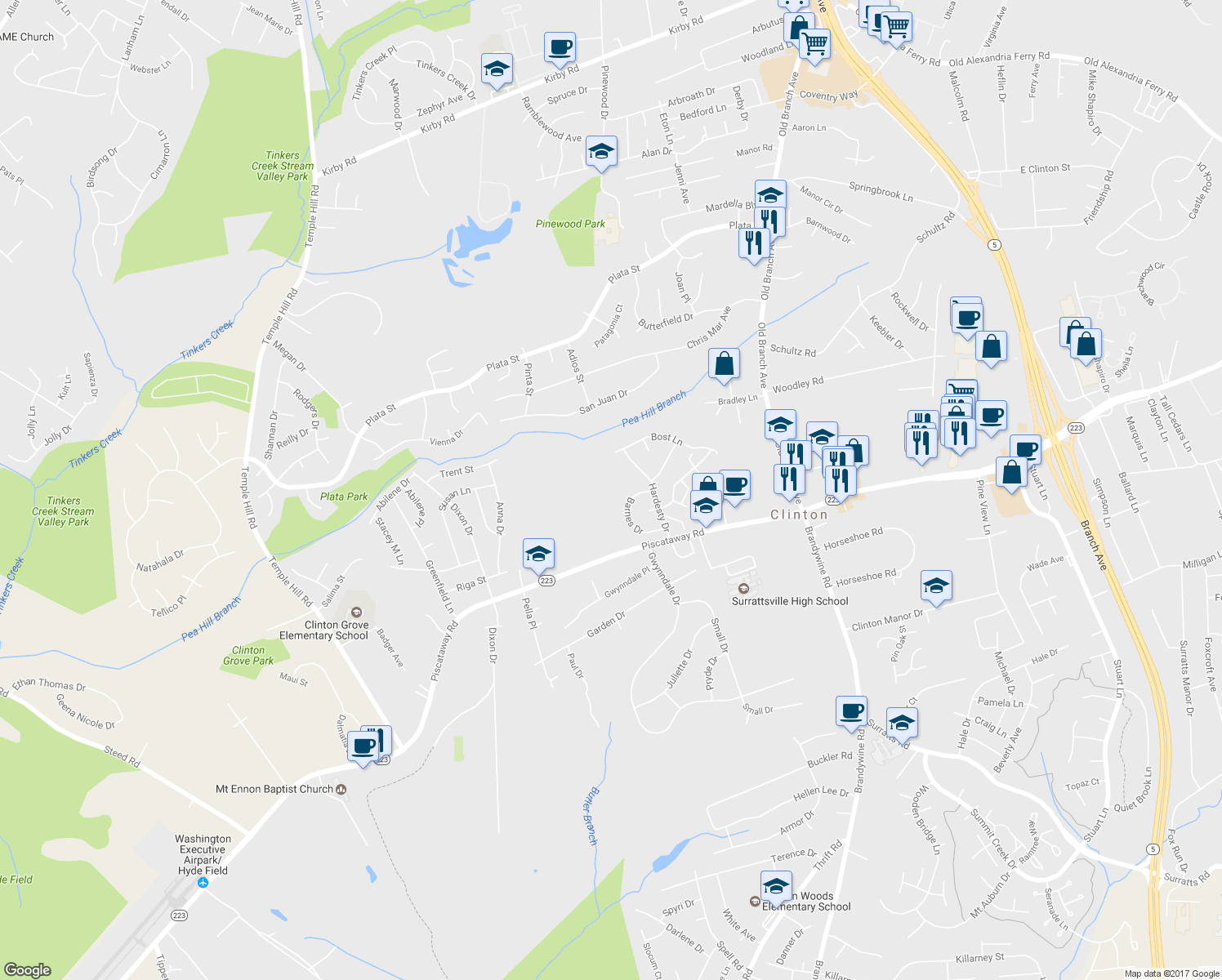 map of restaurants, bars, coffee shops, grocery stores, and more near 9205 Piscataway Road in Clinton