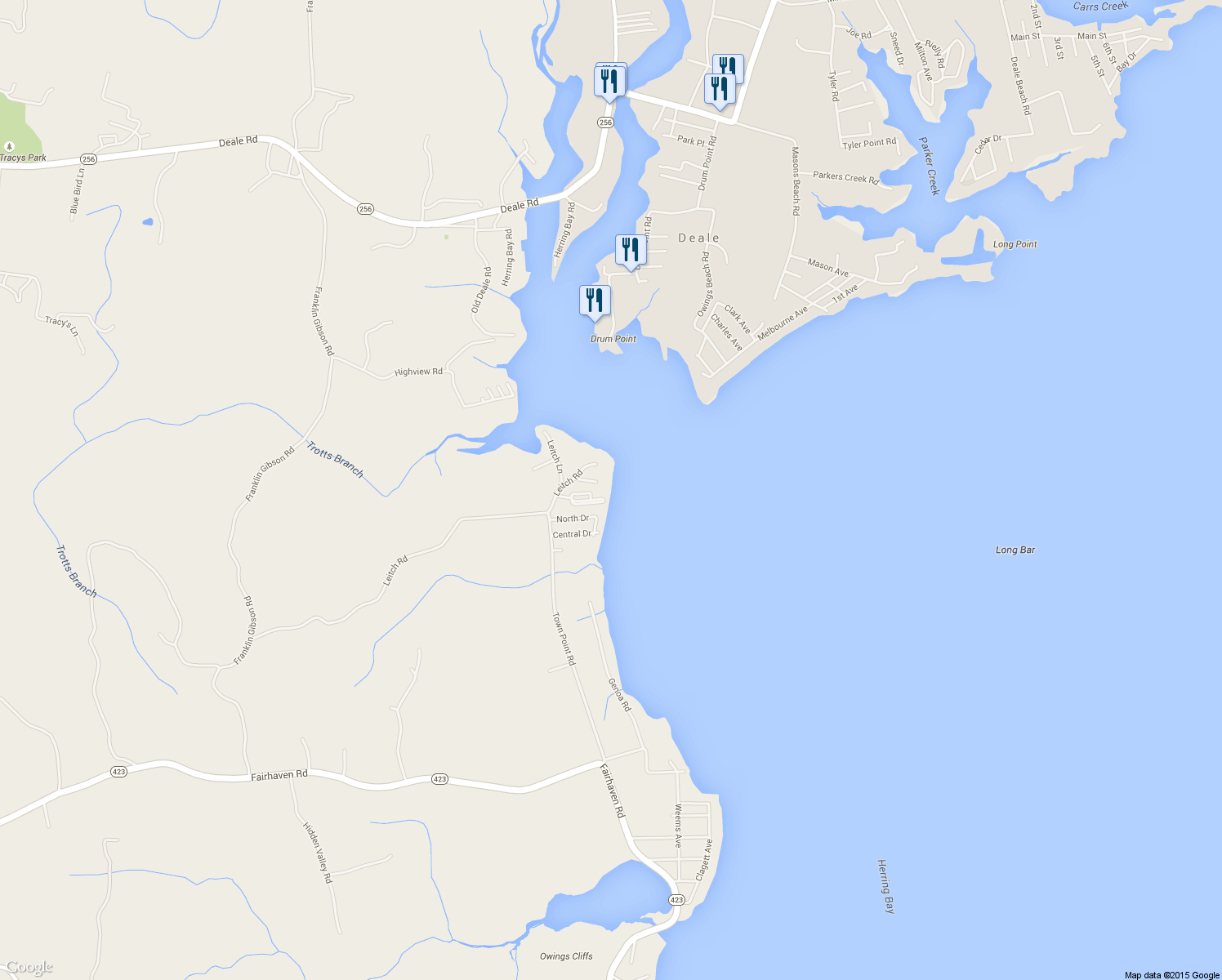 map of restaurants, bars, coffee shops, grocery stores, and more near 530 Ark Haven Road in Tracys Landing