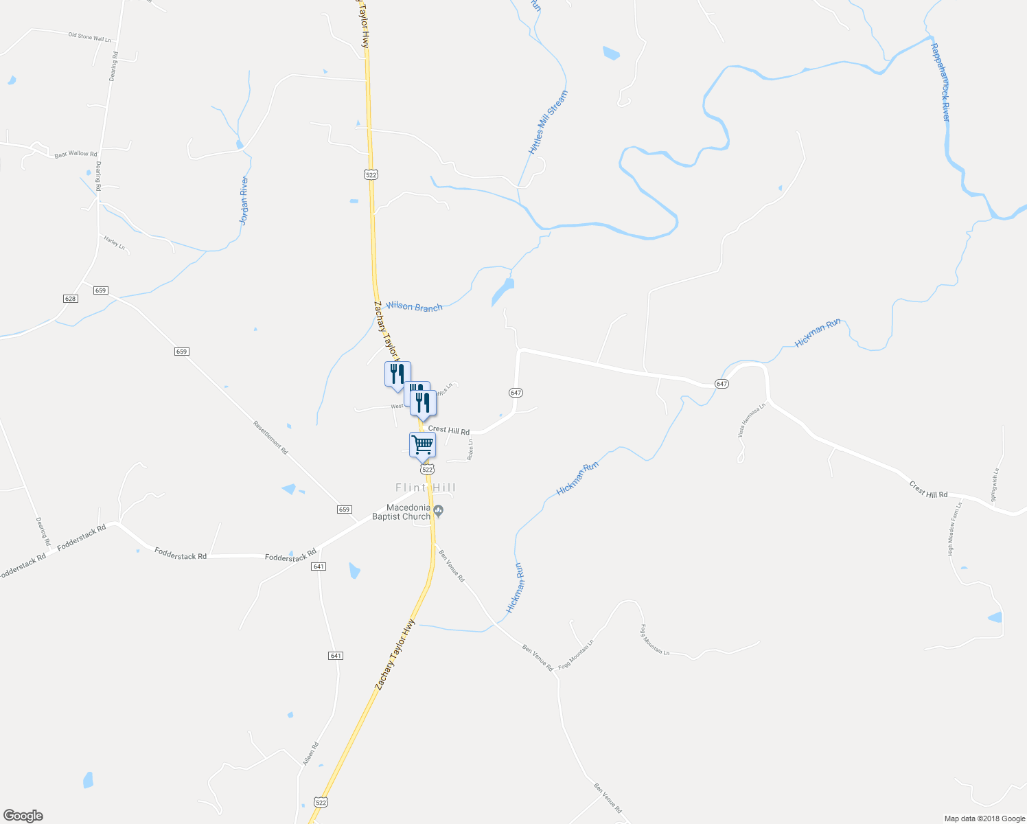 map of restaurants, bars, coffee shops, grocery stores, and more near 13924 Crest Hill Road in Flint Hill