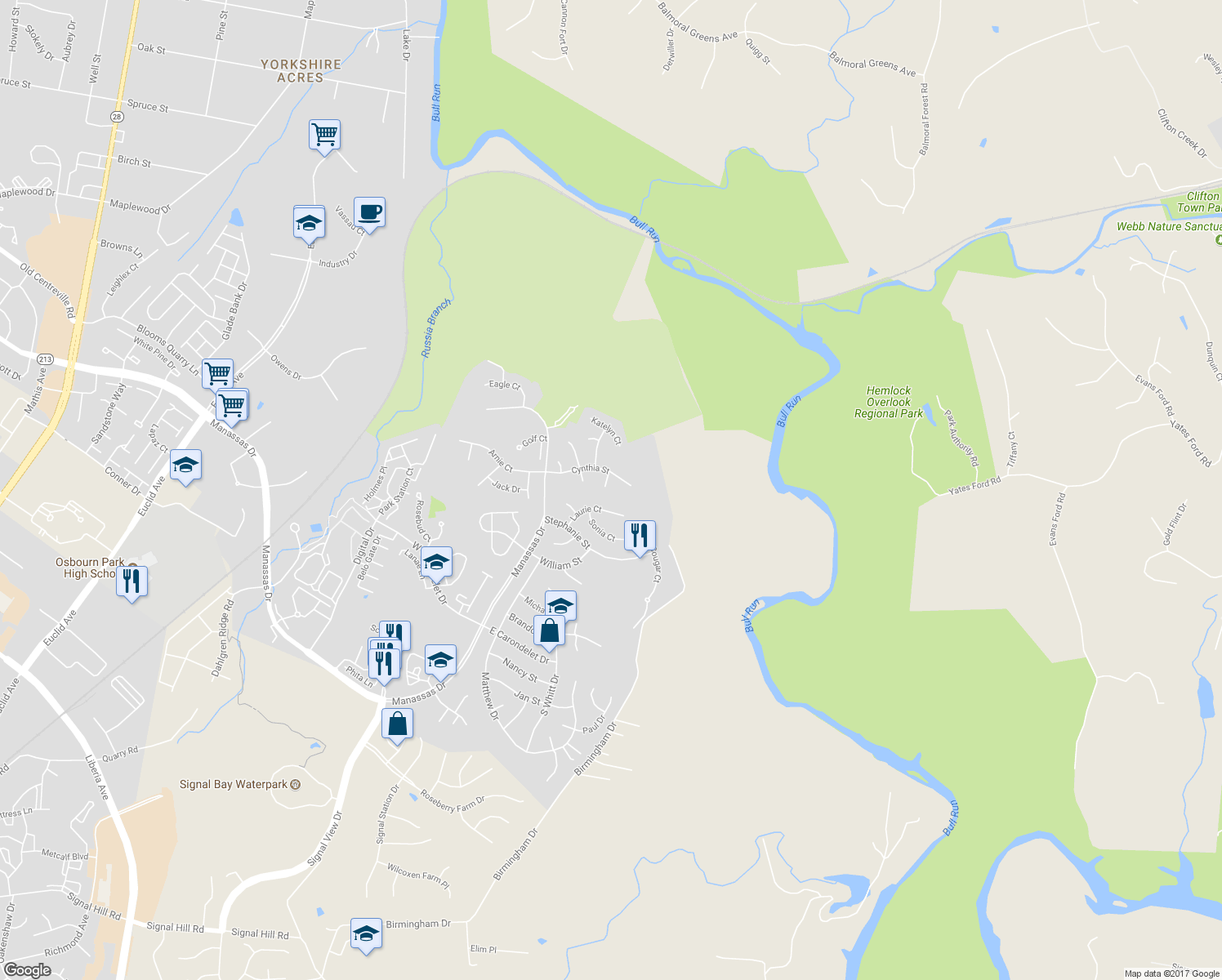 map of restaurants, bars, coffee shops, grocery stores, and more near 9305 Karen Court in Manassas Park