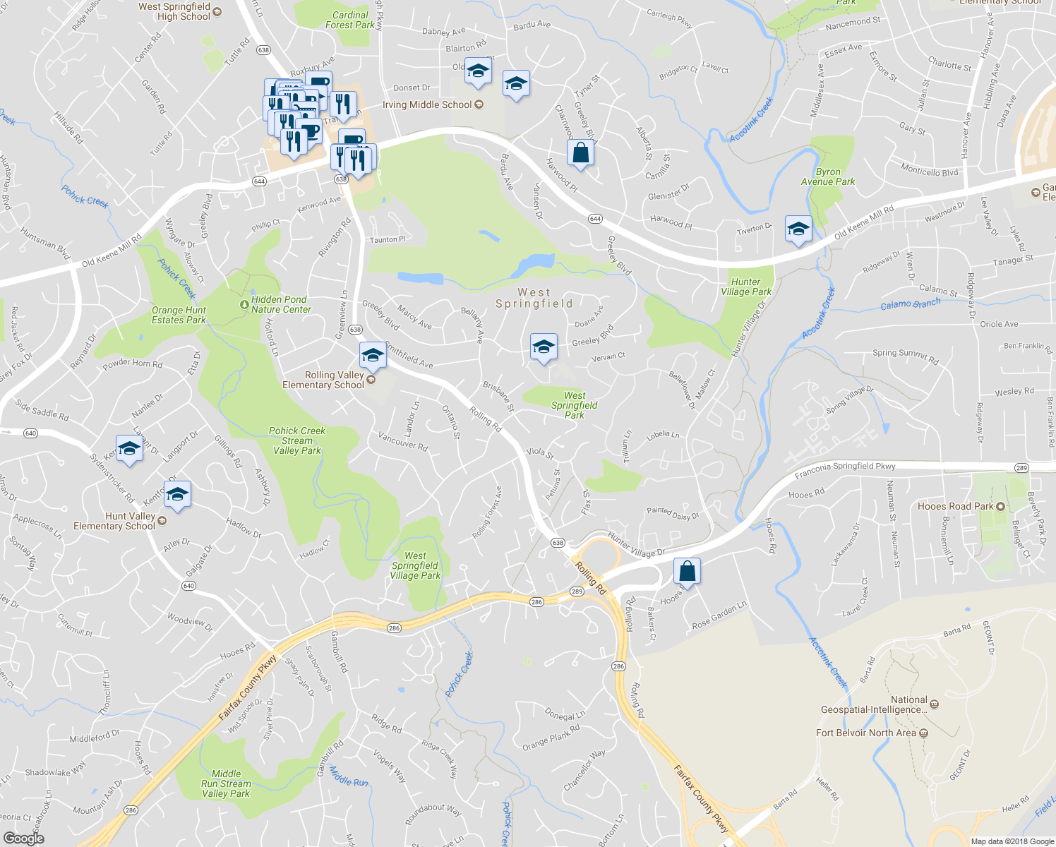 map of restaurants, bars, coffee shops, grocery stores, and more near 6905 Brisbane Street in Springfield
