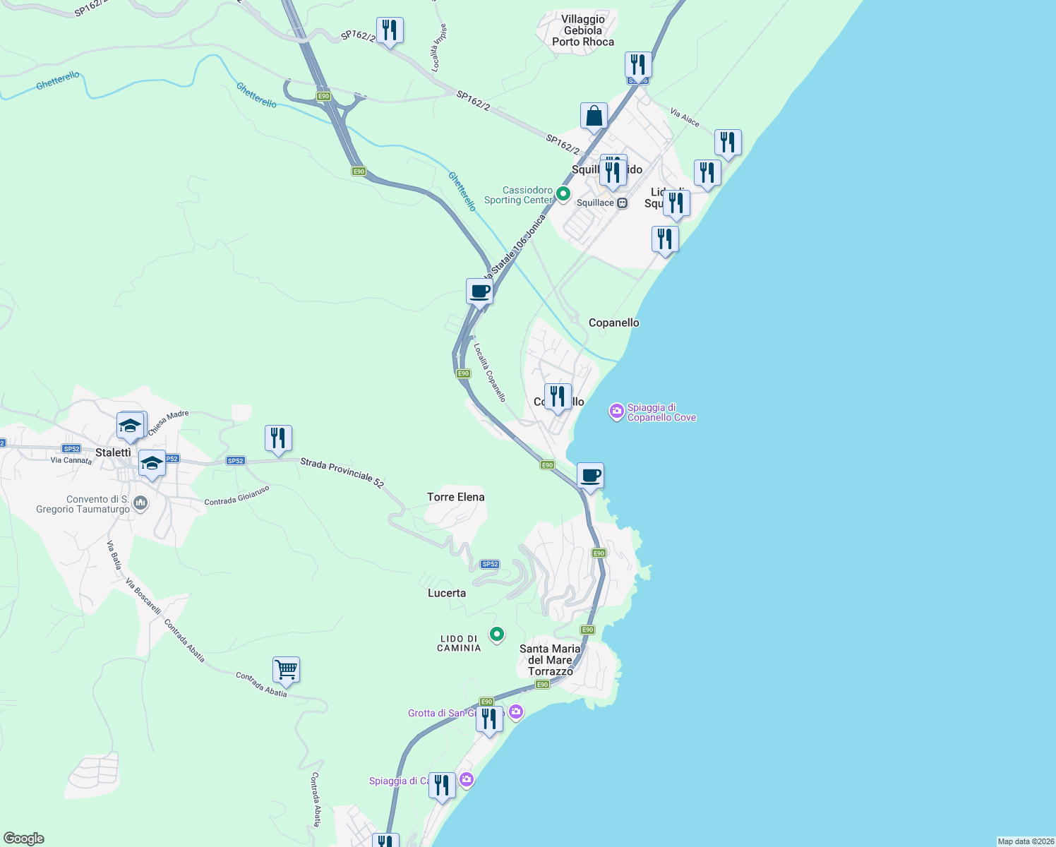 map of restaurants, bars, coffee shops, grocery stores, and more near 17 Galleria Copanello in Provincia di Catanzaro