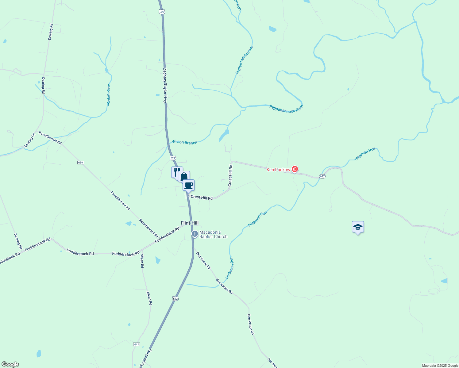 map of restaurants, bars, coffee shops, grocery stores, and more near 13782 Crest Hill Road in Flint Hill