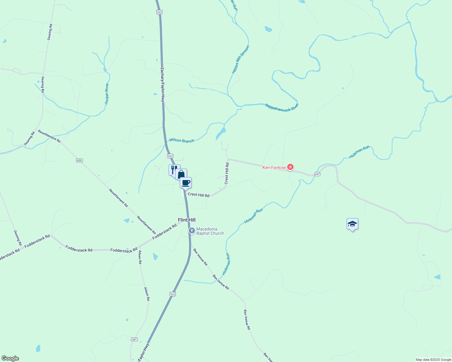 map of restaurants, bars, coffee shops, grocery stores, and more near 13772 Crest Hill Road in Flint Hill