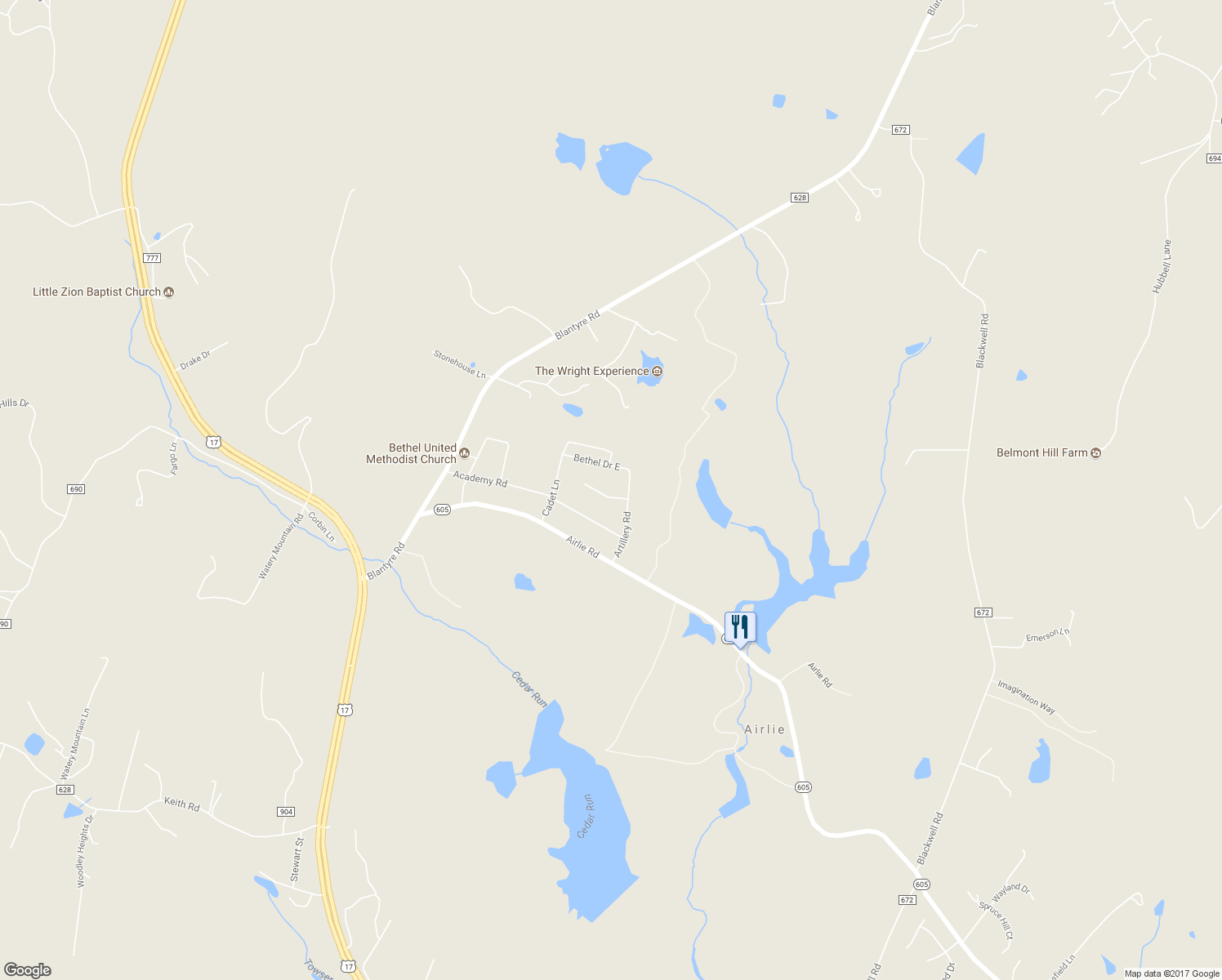 map of restaurants, bars, coffee shops, grocery stores, and more near 7116 Meadow Street in Warrenton