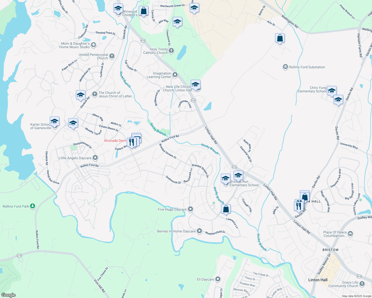 map of restaurants, bars, coffee shops, grocery stores, and more near 8808 Hepner Court in Bristow