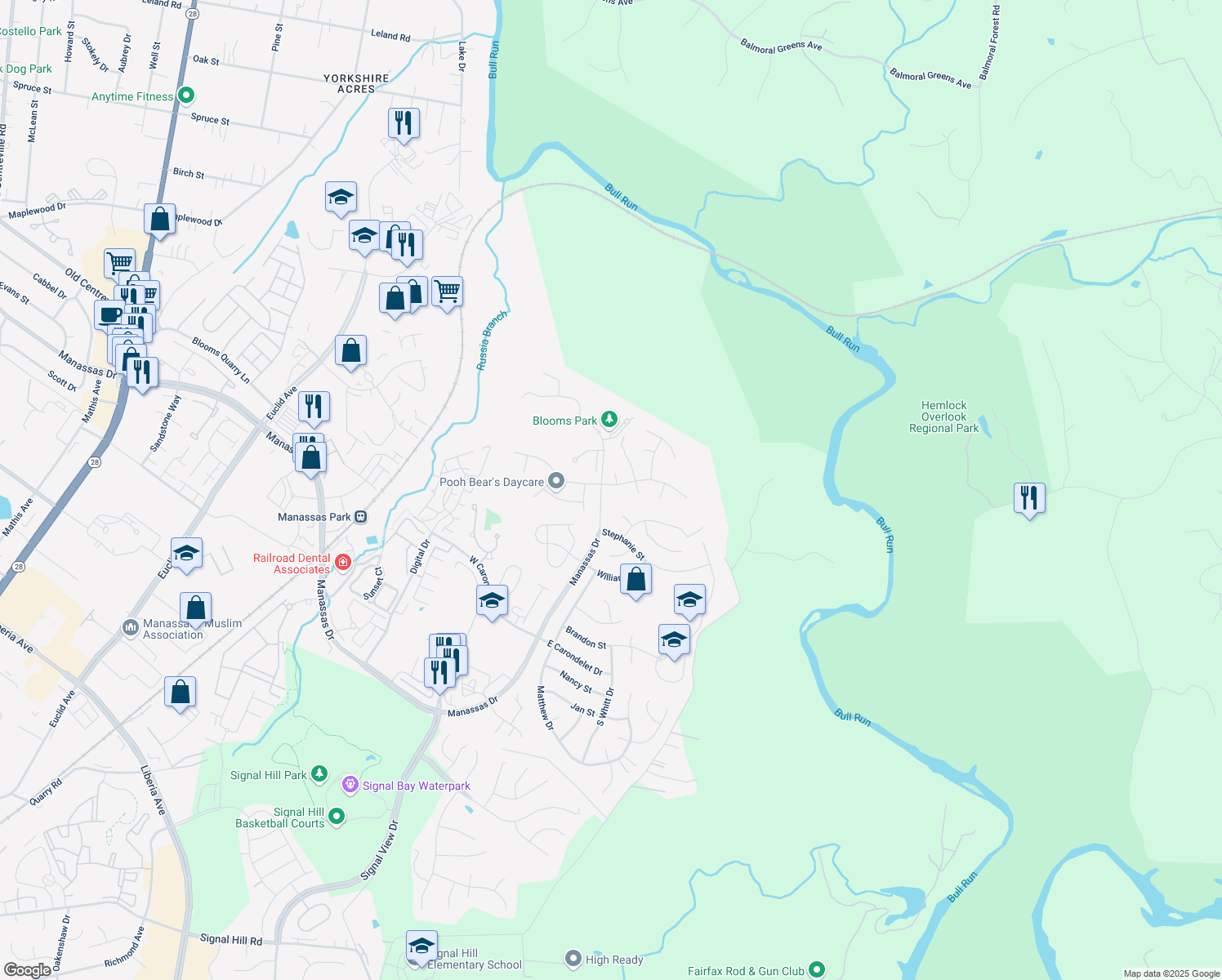 map of restaurants, bars, coffee shops, grocery stores, and more near 9202 Cynthia Street in Manassas Park