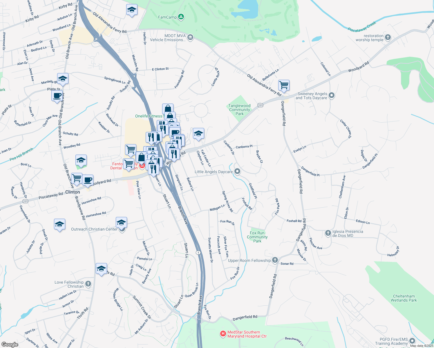 map of restaurants, bars, coffee shops, grocery stores, and more near 7505 Clinton Vista Lane in Clinton