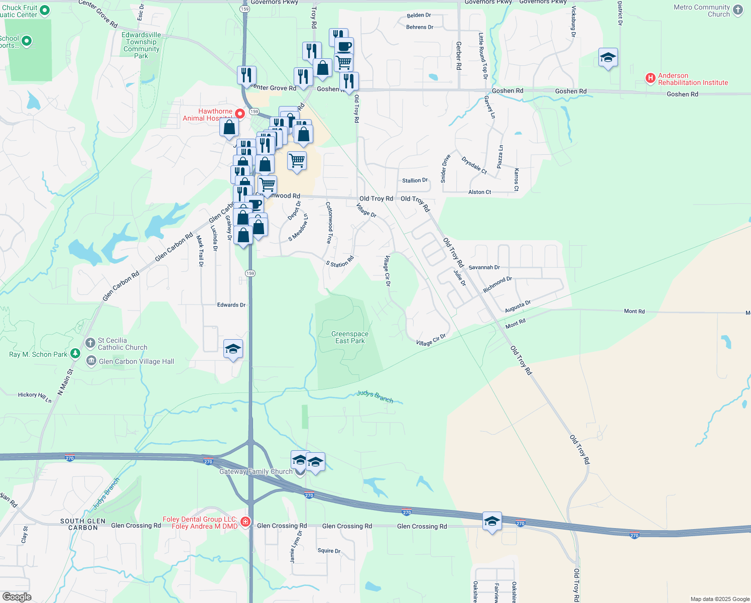 map of restaurants, bars, coffee shops, grocery stores, and more near 12 Saddlewood Lane in Glen Carbon