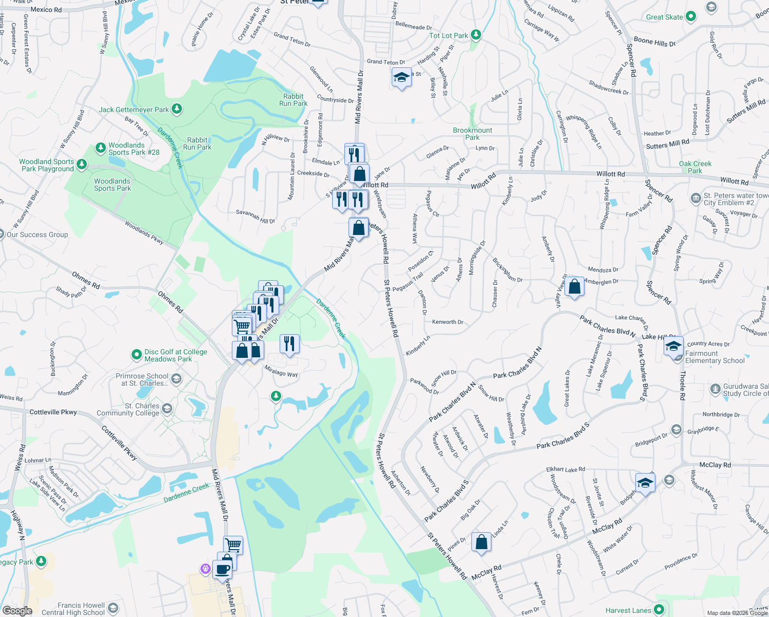 map of restaurants, bars, coffee shops, grocery stores, and more near 1420 Saint Peters Howell Road in St. Peters