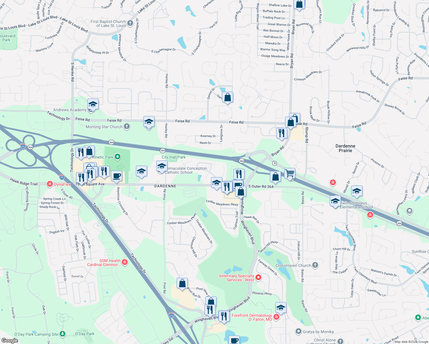 map of restaurants, bars, coffee shops, grocery stores, and more near 7709 Ardmore Drive in O'Fallon
