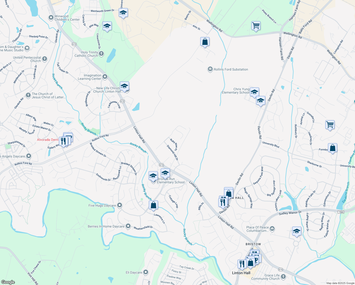 map of restaurants, bars, coffee shops, grocery stores, and more near 8671 Ruby Rise Place in Bristow