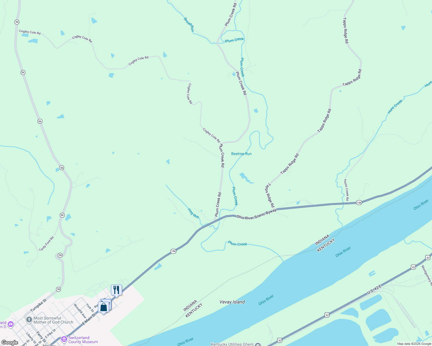 map of restaurants, bars, coffee shops, grocery stores, and more near 5635 Plum Creek Road in Vevay