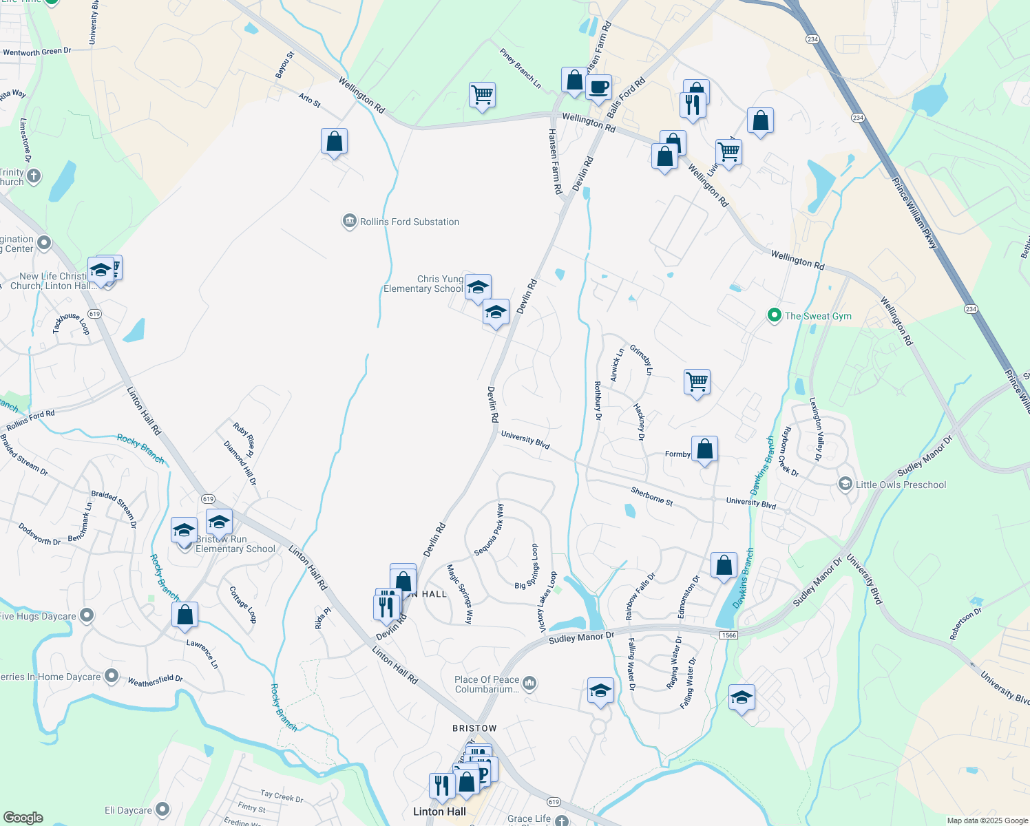 map of restaurants, bars, coffee shops, grocery stores, and more near 12530 Haltwhistle Court in Bristow
