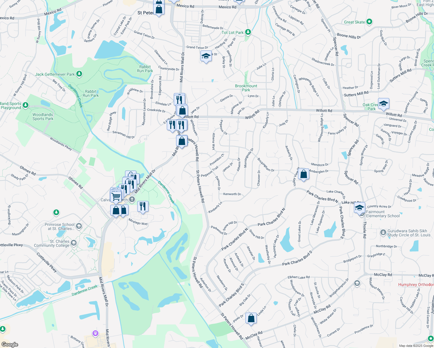 map of restaurants, bars, coffee shops, grocery stores, and more near 34 Danson Drive in Saint Peters