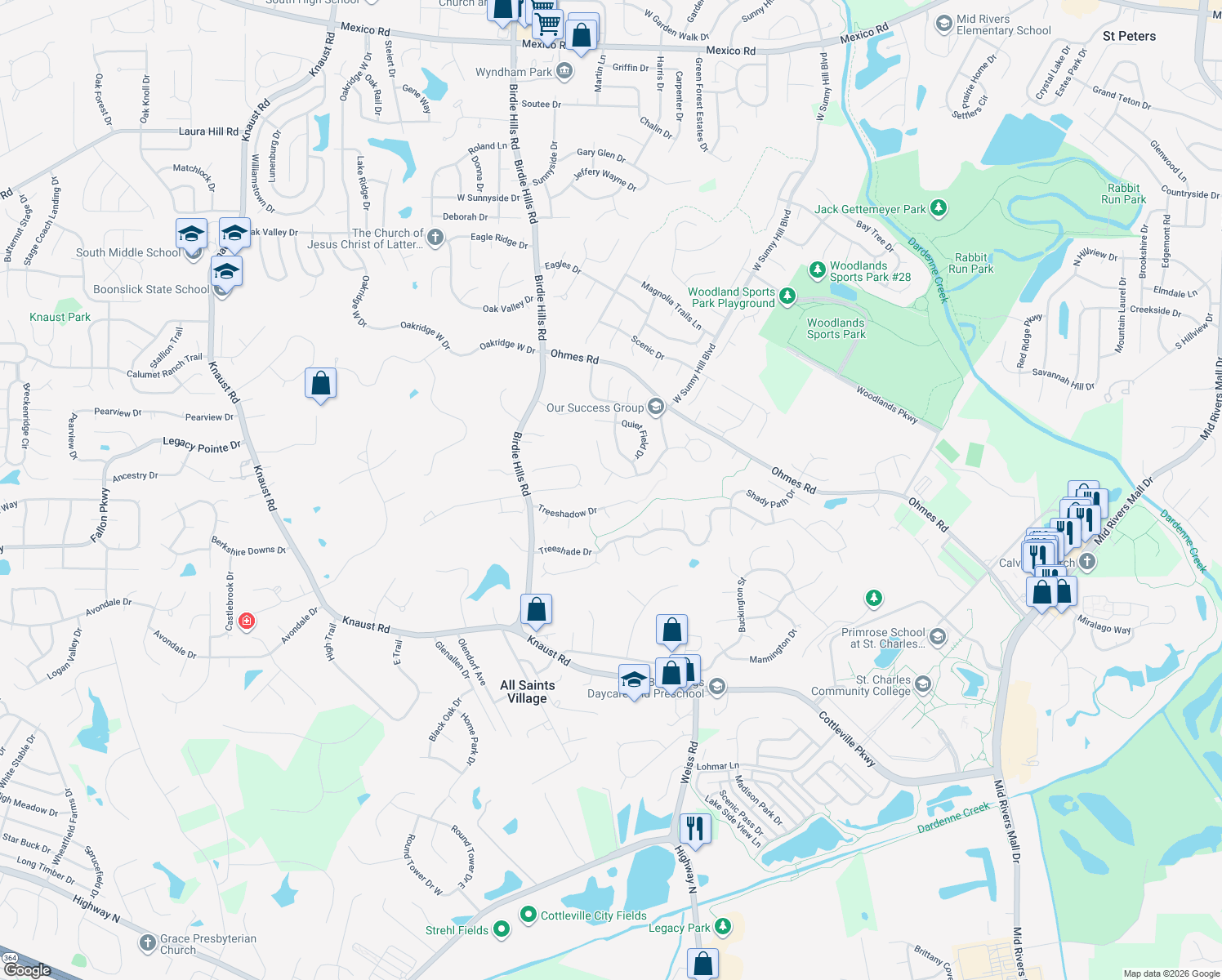 map of restaurants, bars, coffee shops, grocery stores, and more near 9 Gentle Breeze Court in Saint Peters