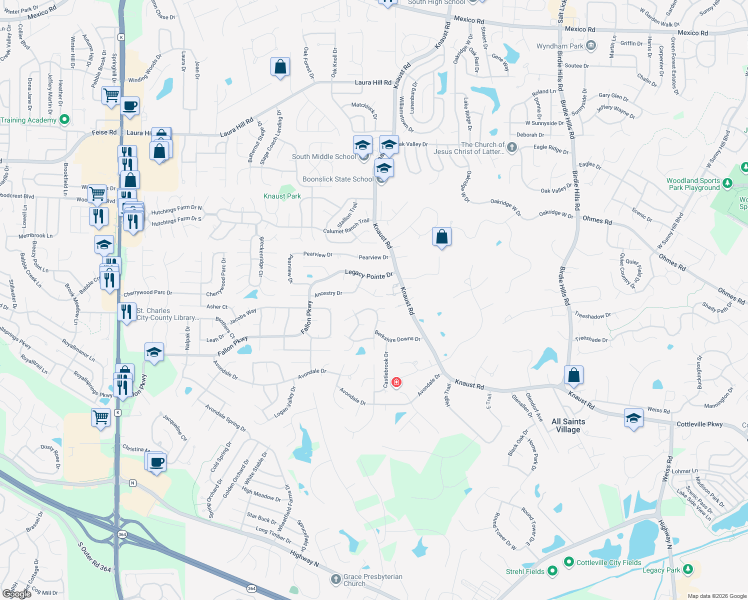 map of restaurants, bars, coffee shops, grocery stores, and more near 114 Donnie Lane in Saint Peters
