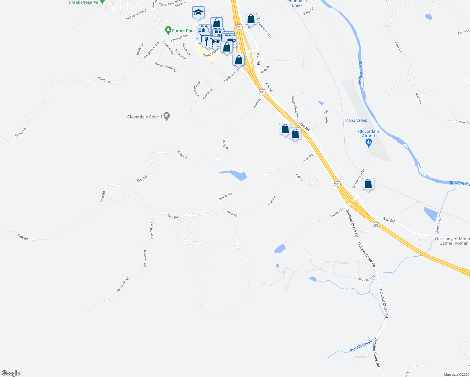 map of restaurants, bars, coffee shops, grocery stores, and more near 900 Hiatt Road in Cloverdale
