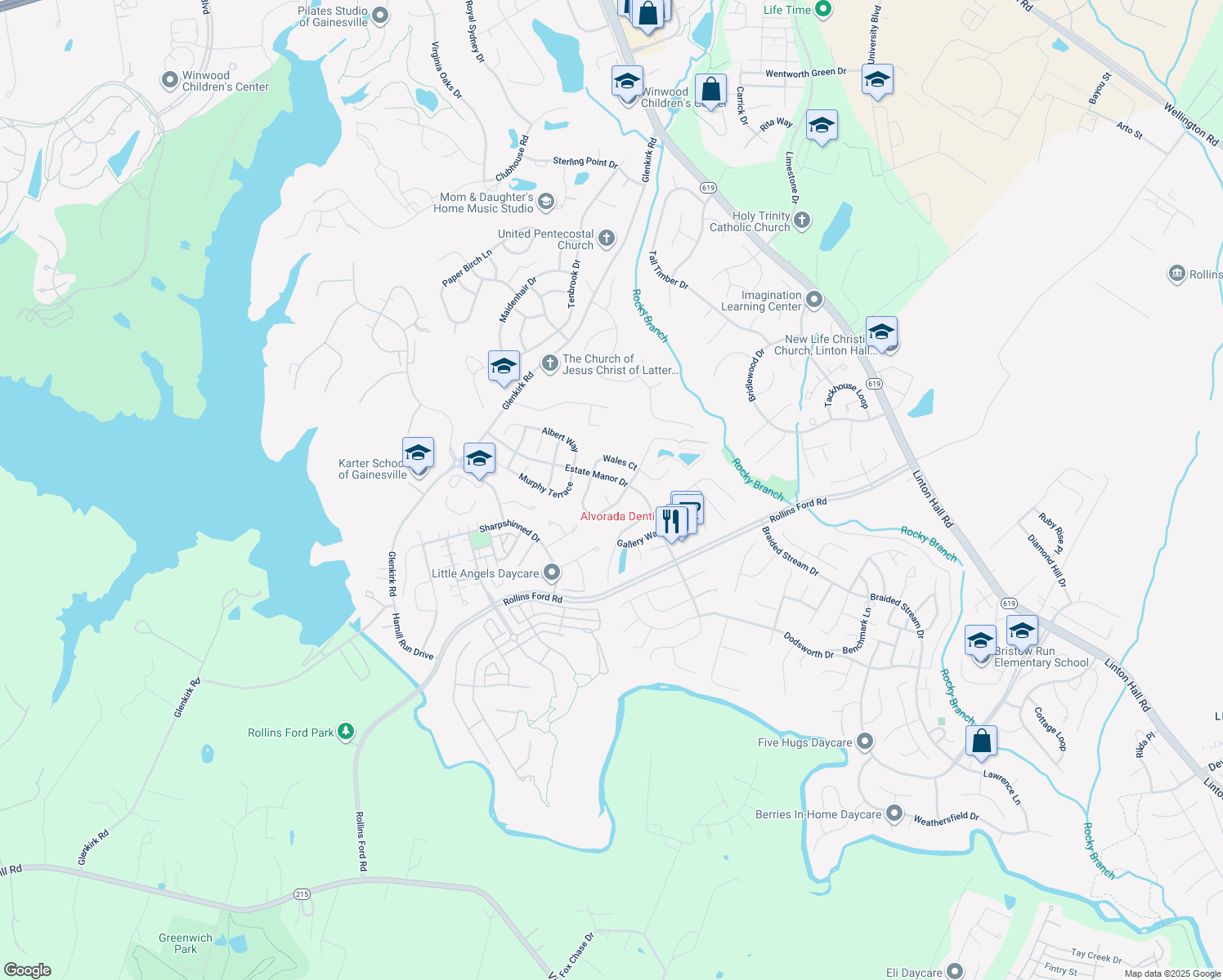 map of restaurants, bars, coffee shops, grocery stores, and more near 14008 Hyde Park Place in Gainesville