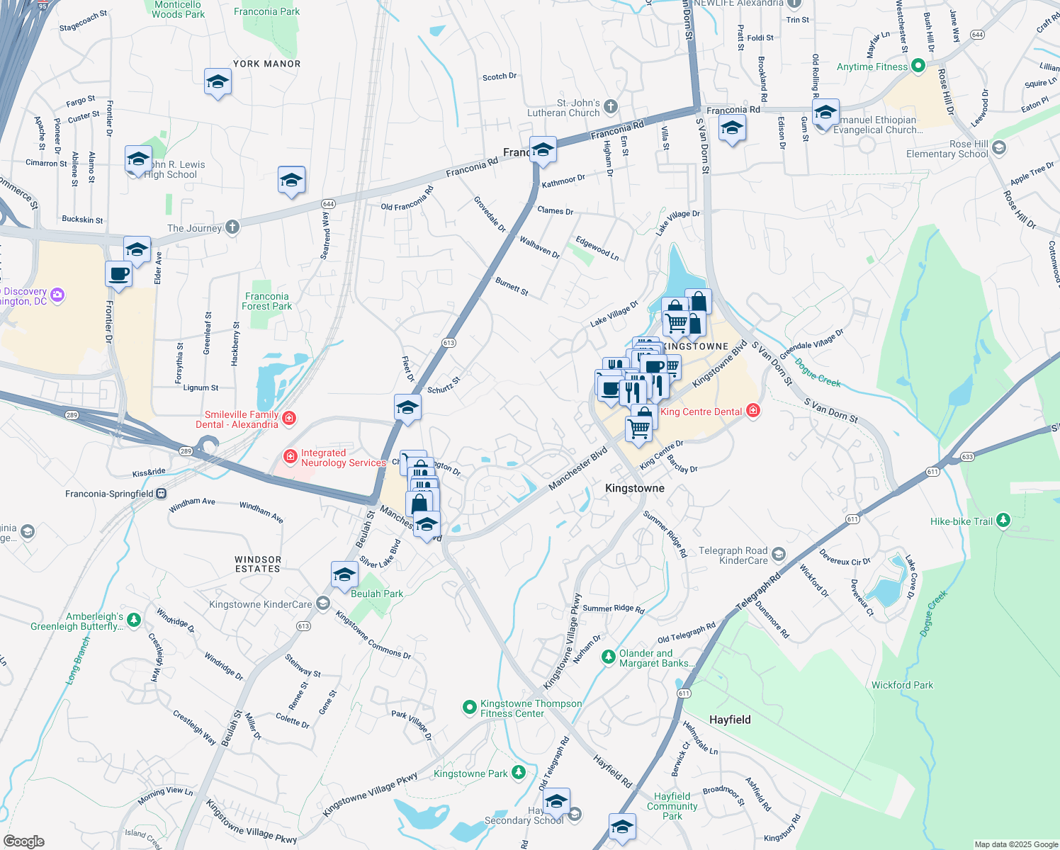 map of restaurants, bars, coffee shops, grocery stores, and more near 6203 Manchester Park Circle in Alexandria
