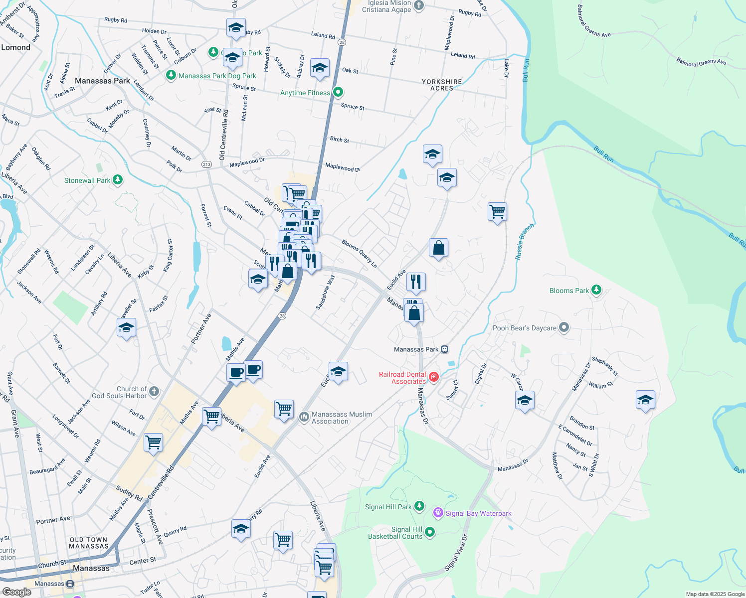map of restaurants, bars, coffee shops, grocery stores, and more near 8631 Sumter Court in Manassas