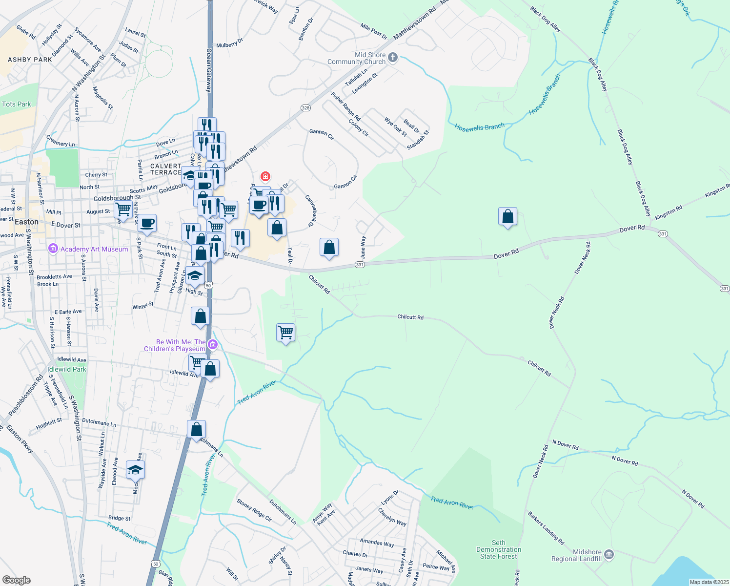 map of restaurants, bars, coffee shops, grocery stores, and more near 29644 Chilcutt Road in Easton