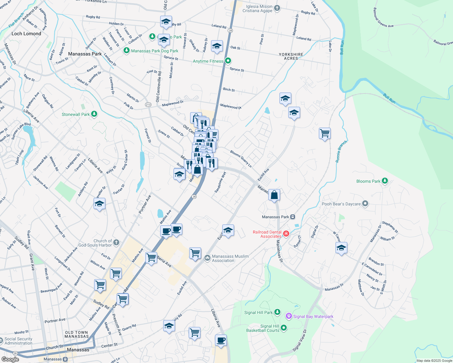 map of restaurants, bars, coffee shops, grocery stores, and more near 8628 Cartwright Court in Manassas Park