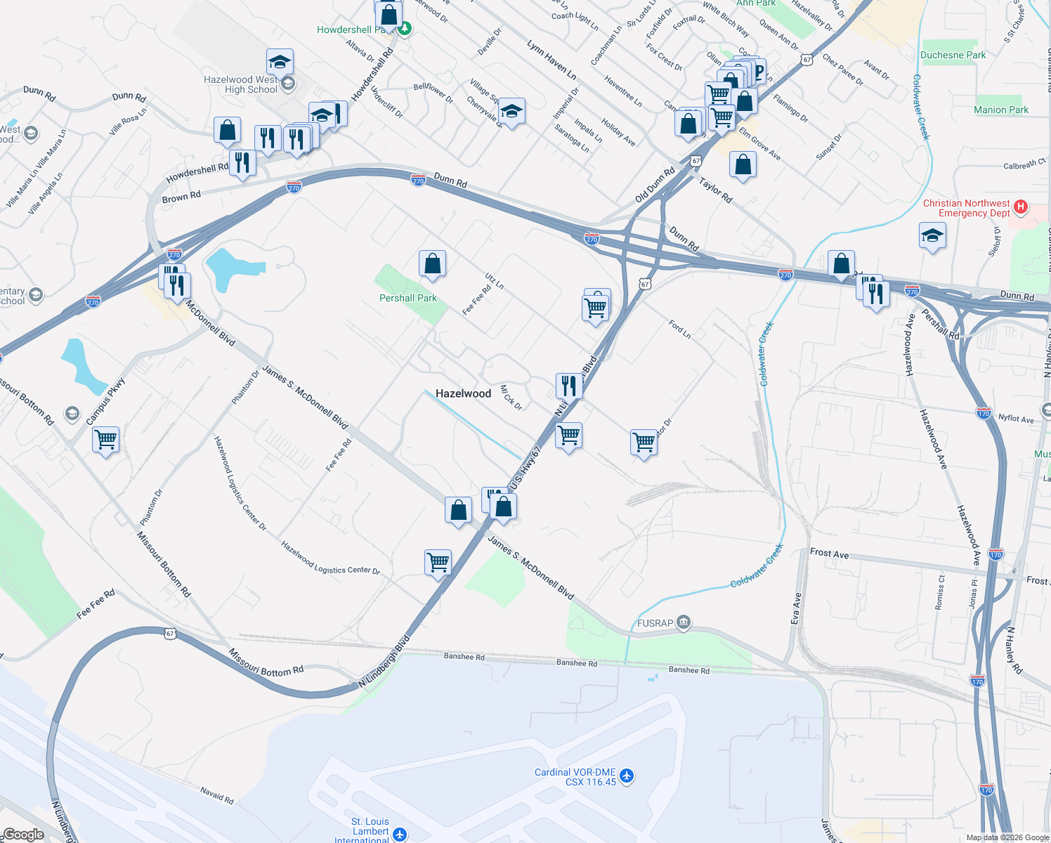 map of restaurants, bars, coffee shops, grocery stores, and more near 155 Chapel Ridge Drive in Hazelwood