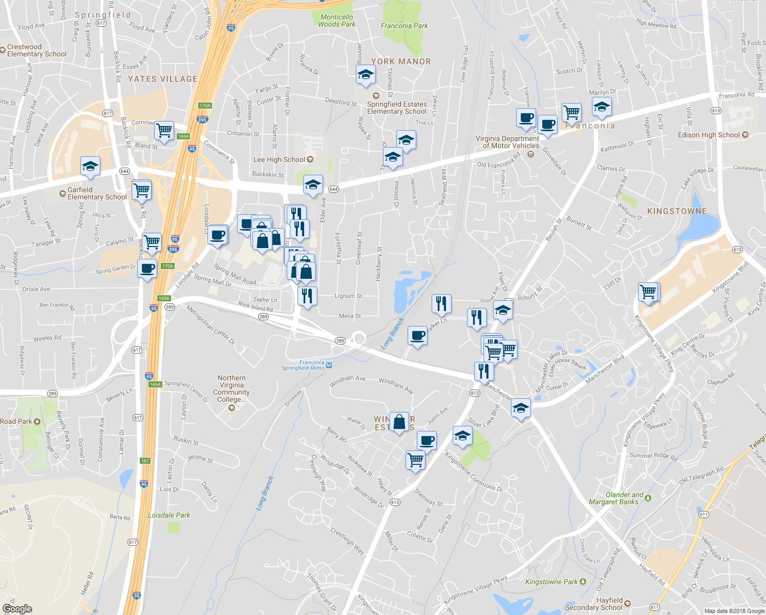 map of restaurants, bars, coffee shops, grocery stores, and more near 6807 Hackberry Street in Springfield