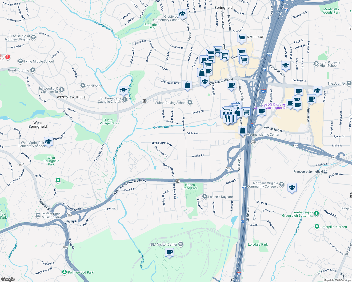 map of restaurants, bars, coffee shops, grocery stores, and more near 7398 Spring Summit Road in Springfield