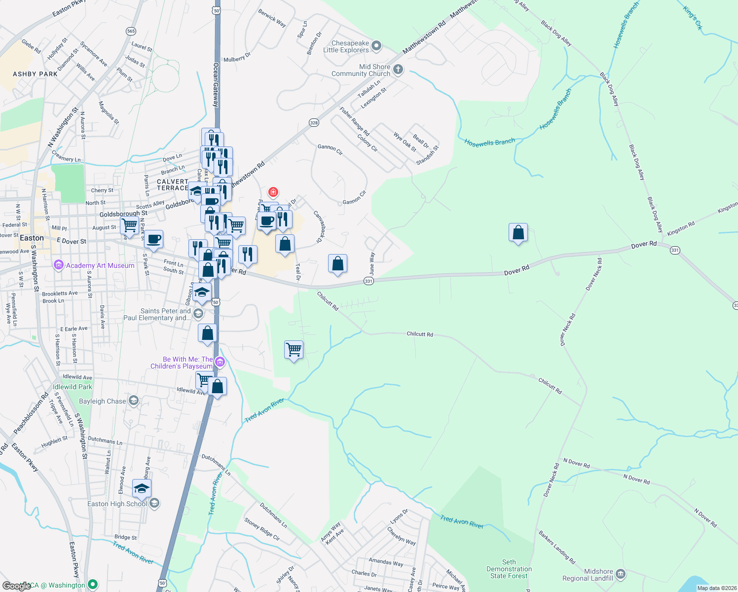 map of restaurants, bars, coffee shops, grocery stores, and more near 29660 Dover Acres Road in Easton