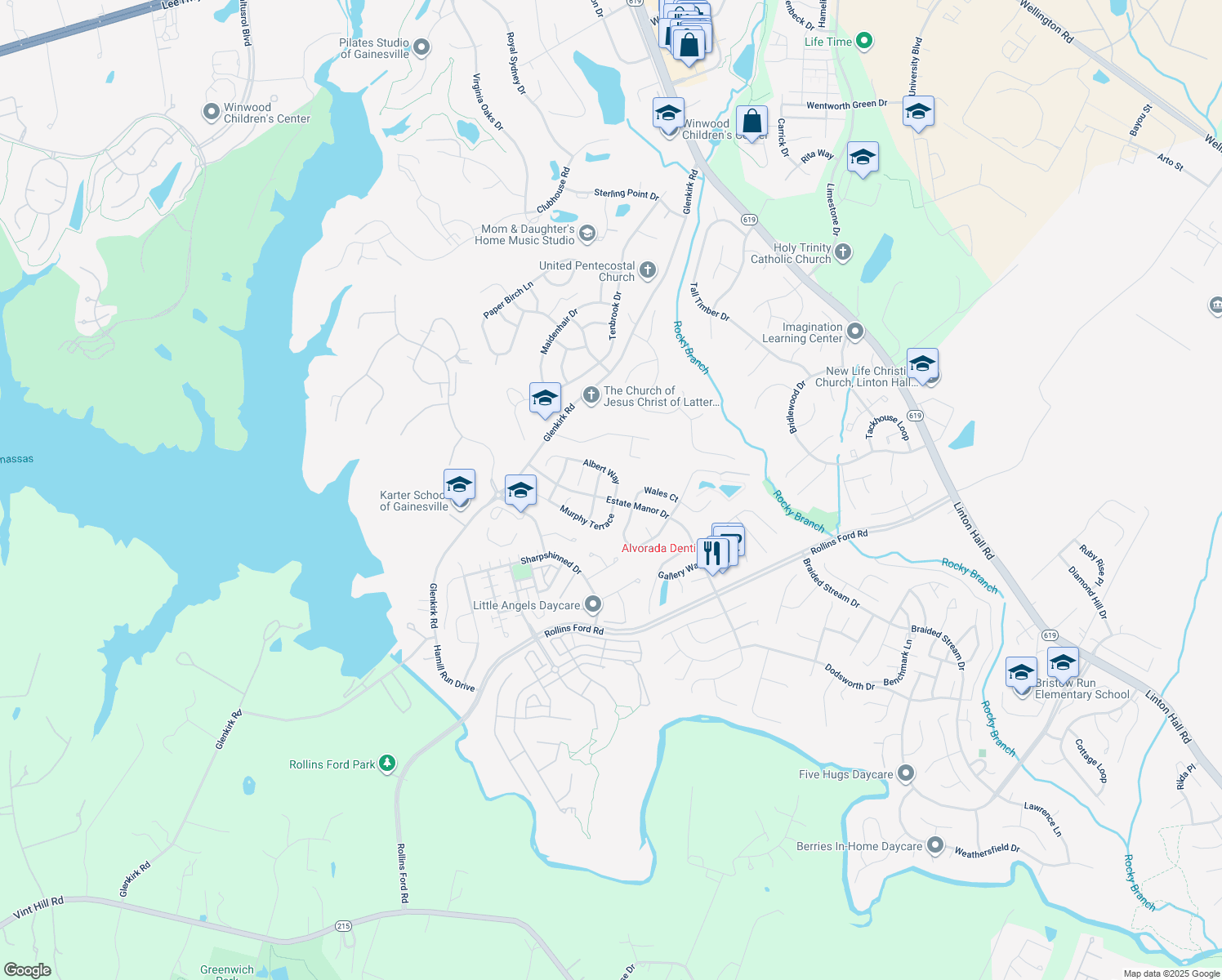 map of restaurants, bars, coffee shops, grocery stores, and more near 14005 Albert Way in Gainesville