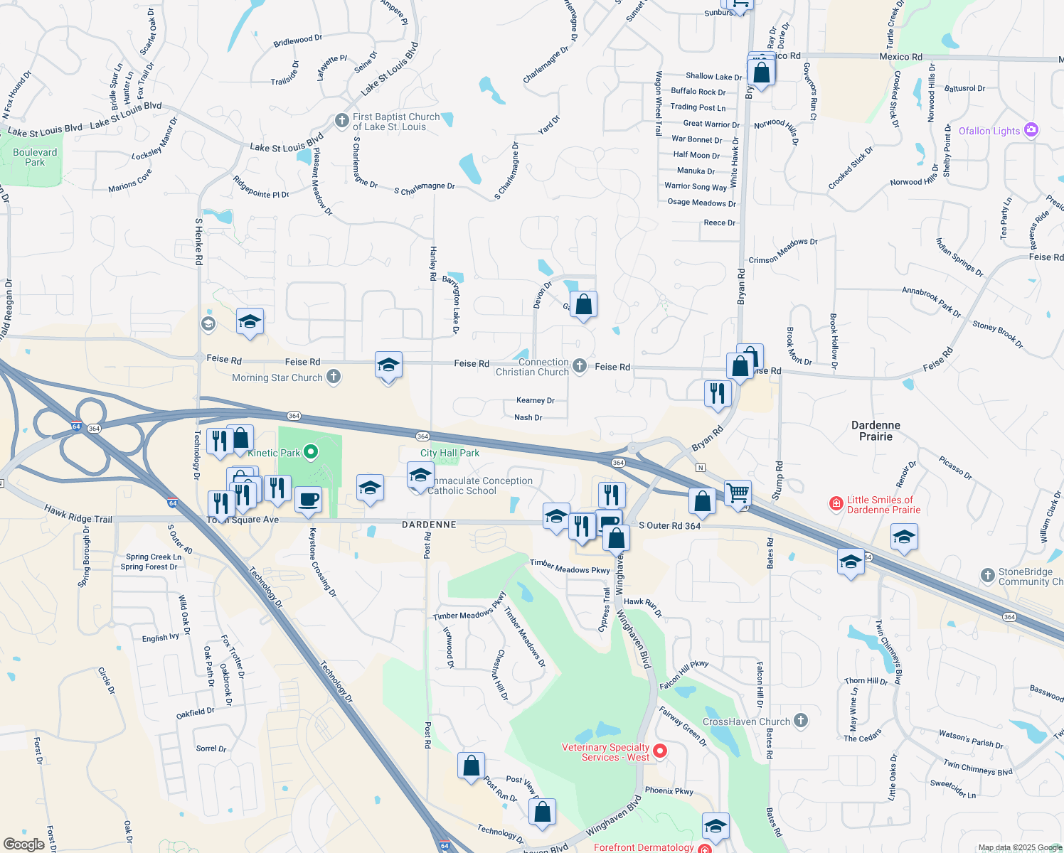 map of restaurants, bars, coffee shops, grocery stores, and more near 1612 Nash Drive in O'Fallon