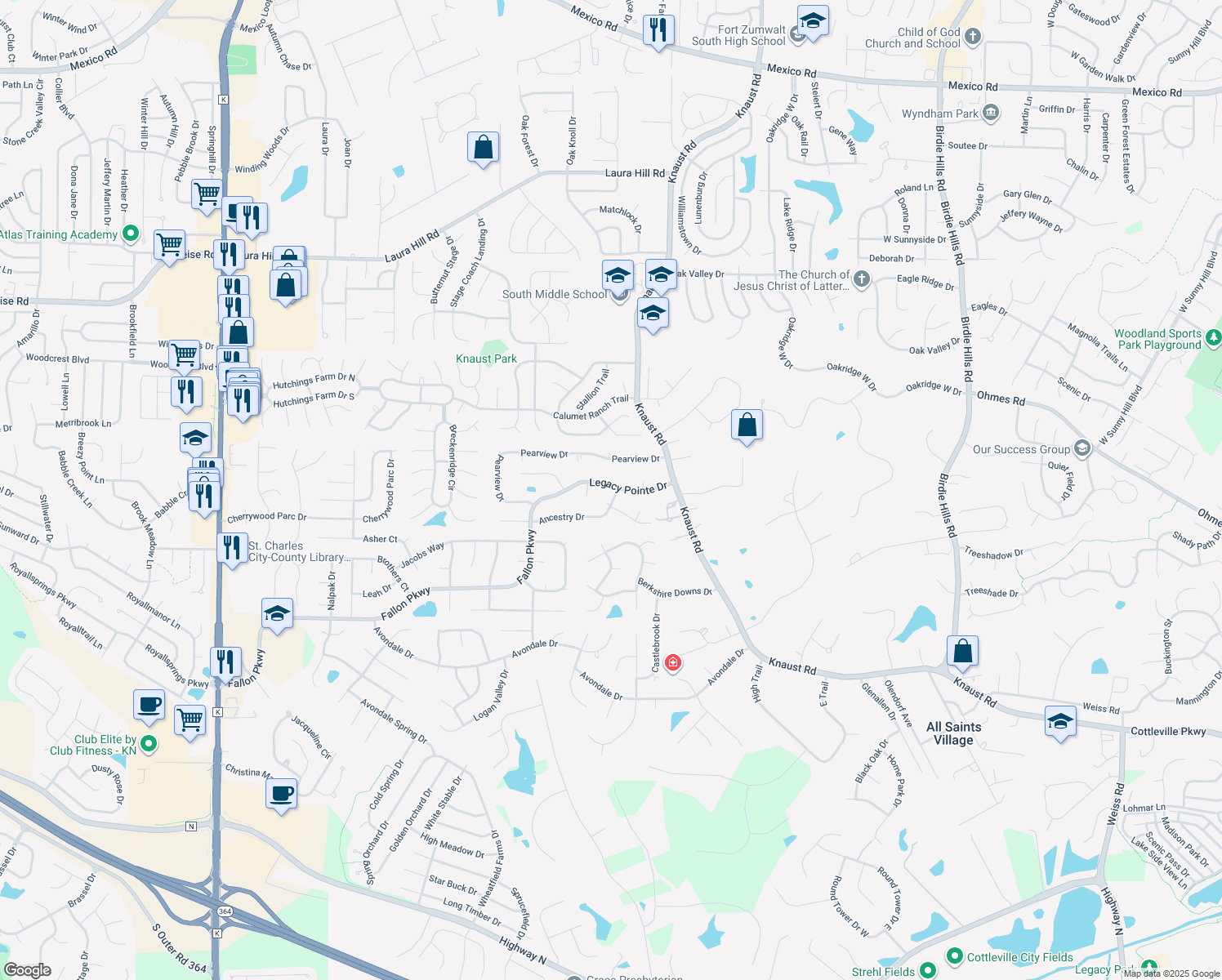 map of restaurants, bars, coffee shops, grocery stores, and more near 522 Legacy Pointe Drive in St. Peters