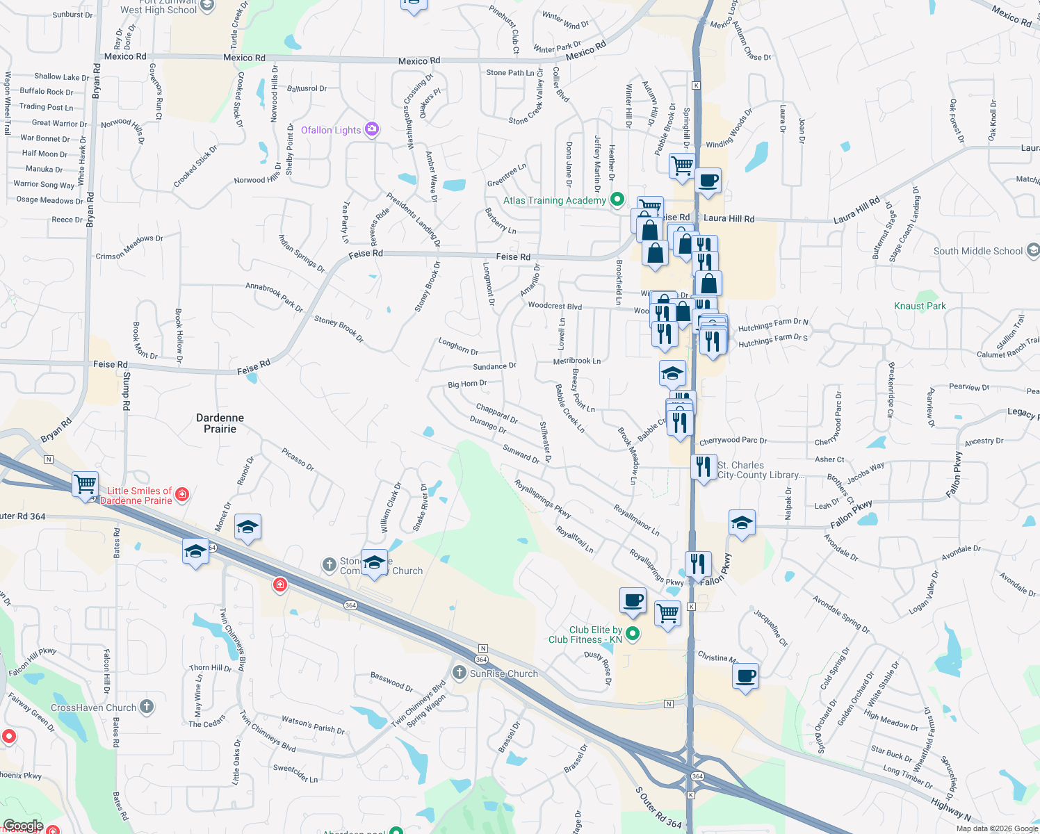 map of restaurants, bars, coffee shops, grocery stores, and more near 521 Chapparal Drive in O'Fallon