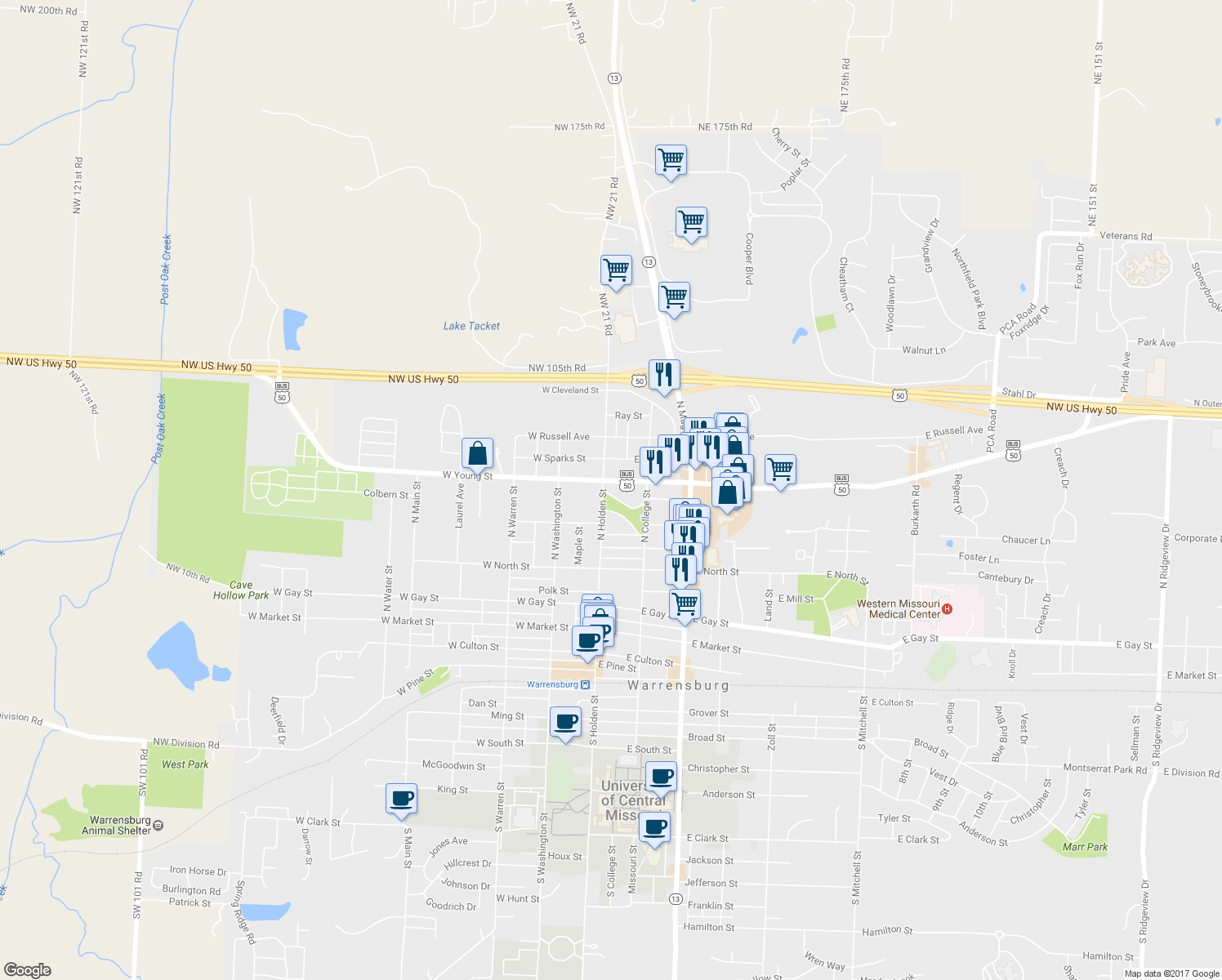 map of restaurants, bars, coffee shops, grocery stores, and more near 100 East Young Avenue in Warrensburg