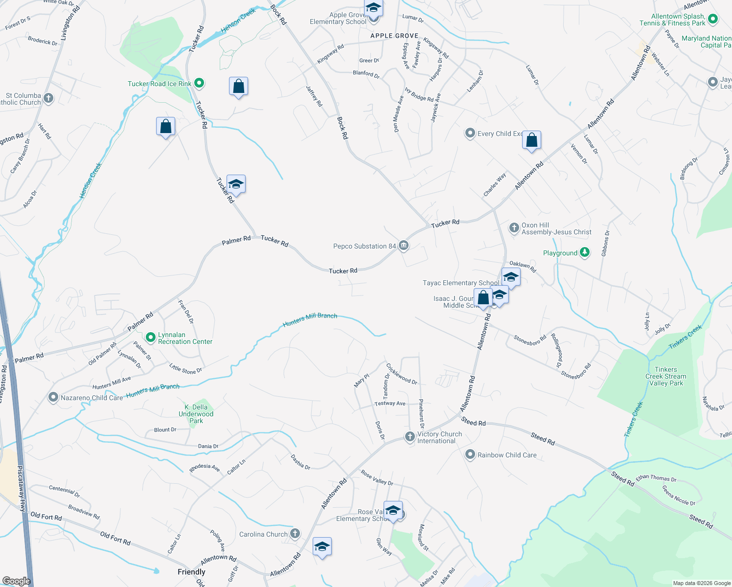 map of restaurants, bars, coffee shops, grocery stores, and more near 2706 Rizdon Avenue in Fort Washington