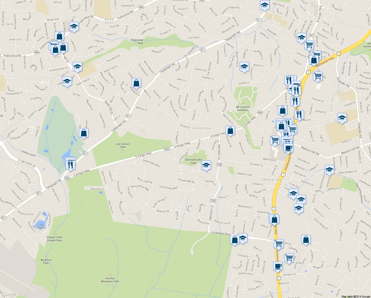 map of restaurants, bars, coffee shops, grocery stores, and more near 3908 Stone Mansion Ct in Alexandria