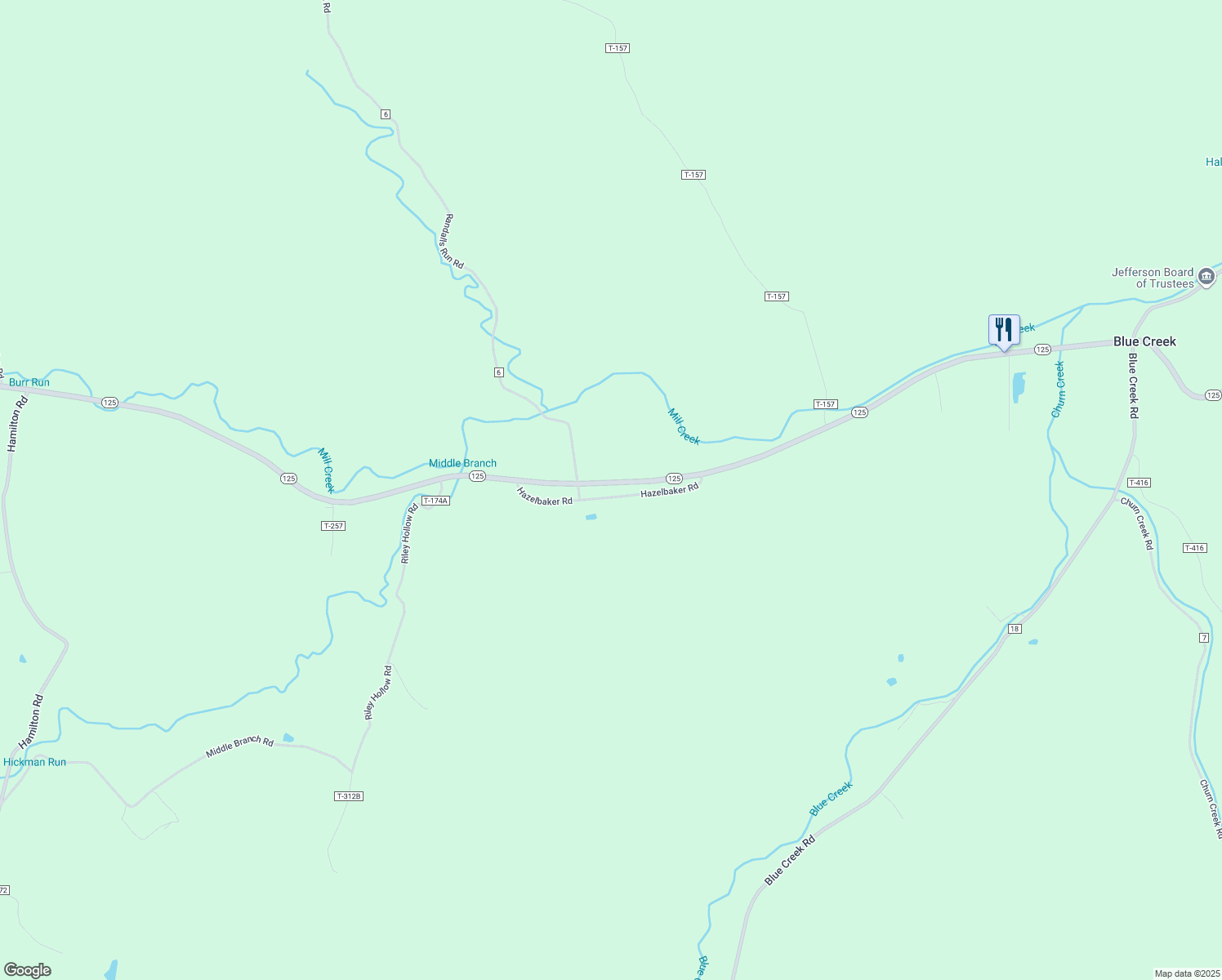 map of restaurants, bars, coffee shops, grocery stores, and more near 276 Hazelbaker Road in Blue Creek