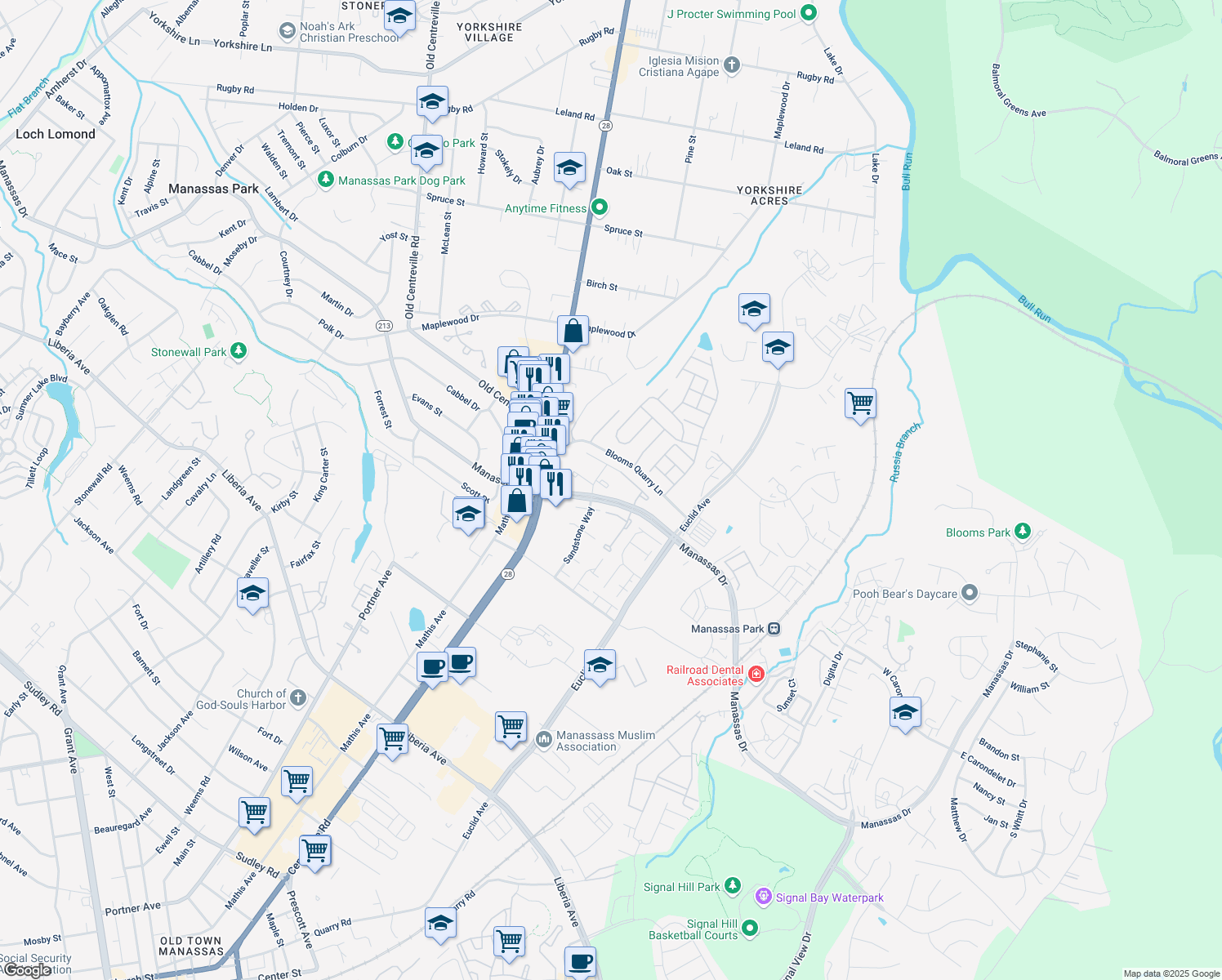 map of restaurants, bars, coffee shops, grocery stores, and more near 8303 Sunnyside Court in Manassas