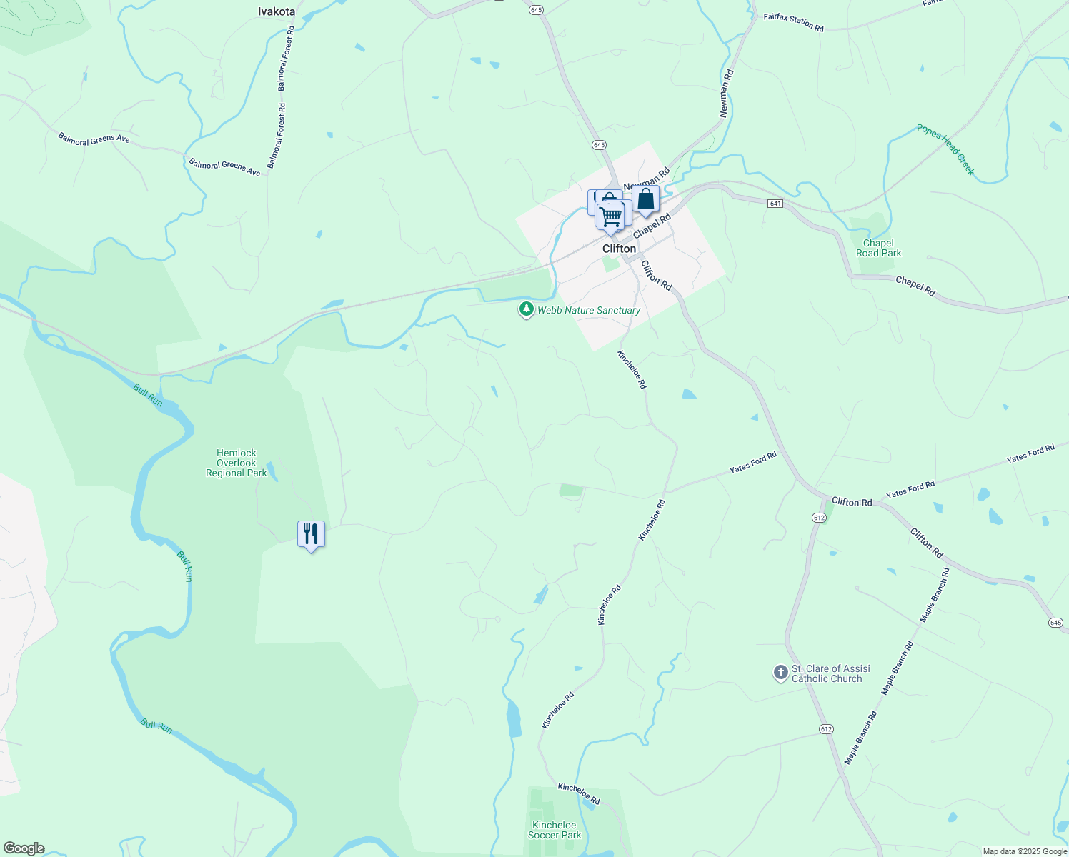map of restaurants, bars, coffee shops, grocery stores, and more near 7555 Dunquin Court in Clifton