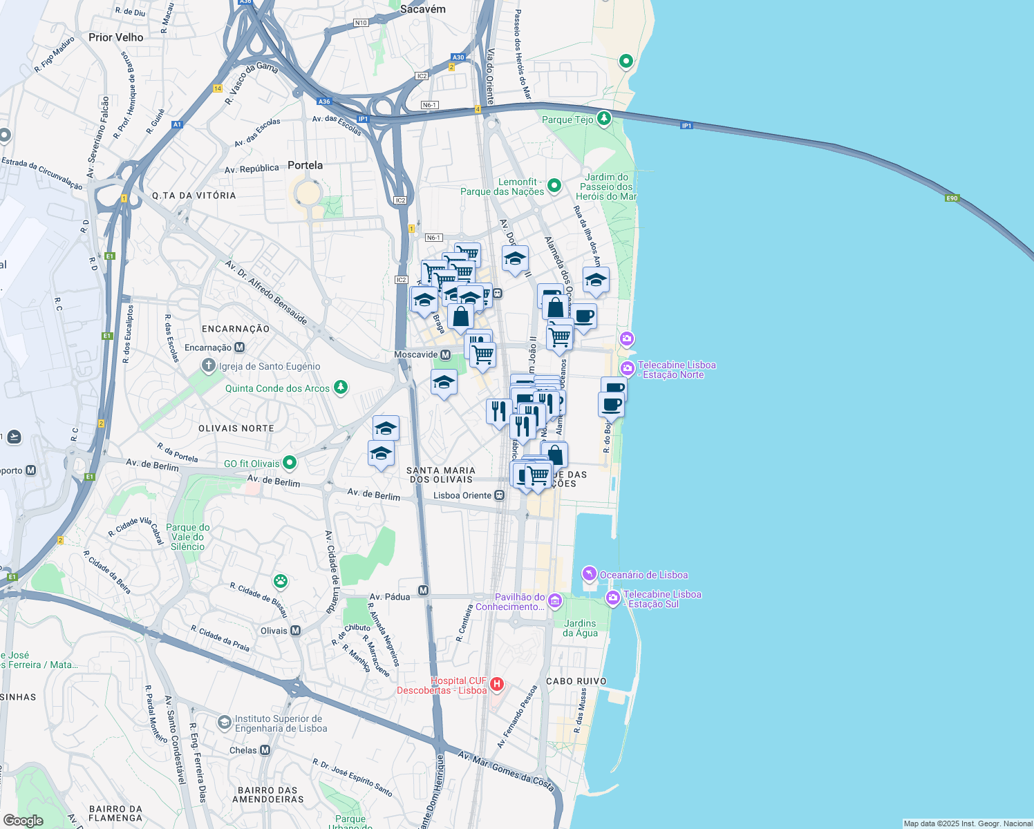 map of restaurants, bars, coffee shops, grocery stores, and more near 45 Avenida Dom João II in Lisboa