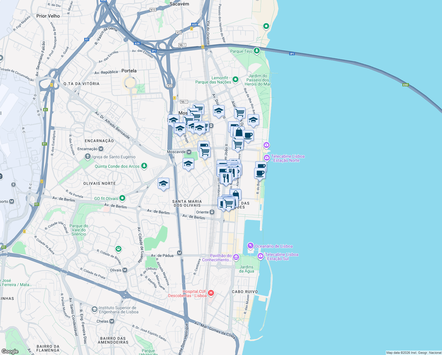 map of restaurants, bars, coffee shops, grocery stores, and more near 45 Avenida Dom João II in Lisboa