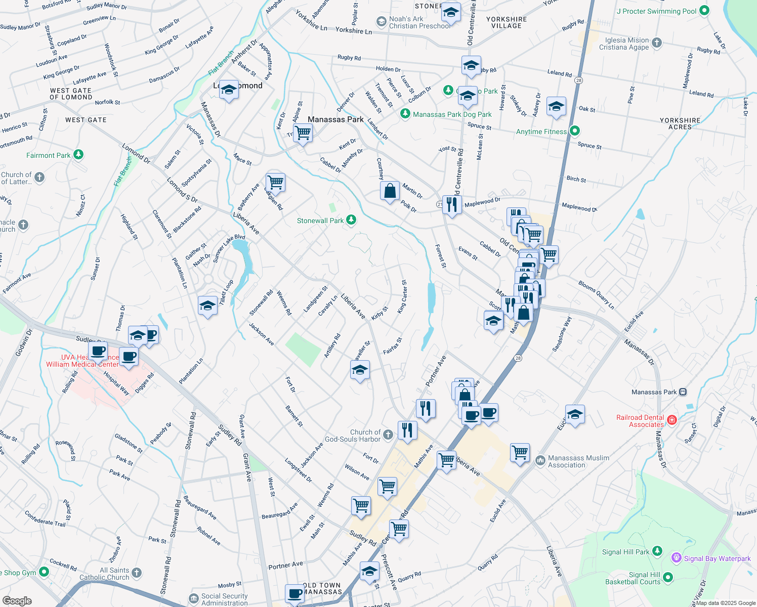 map of restaurants, bars, coffee shops, grocery stores, and more near 8949 Cannon Ridge Drive in Manassas