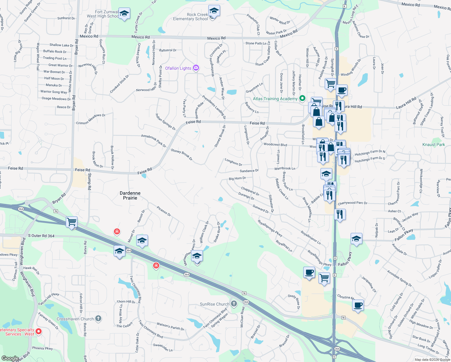 map of restaurants, bars, coffee shops, grocery stores, and more near 634 Durango Drive in O'Fallon