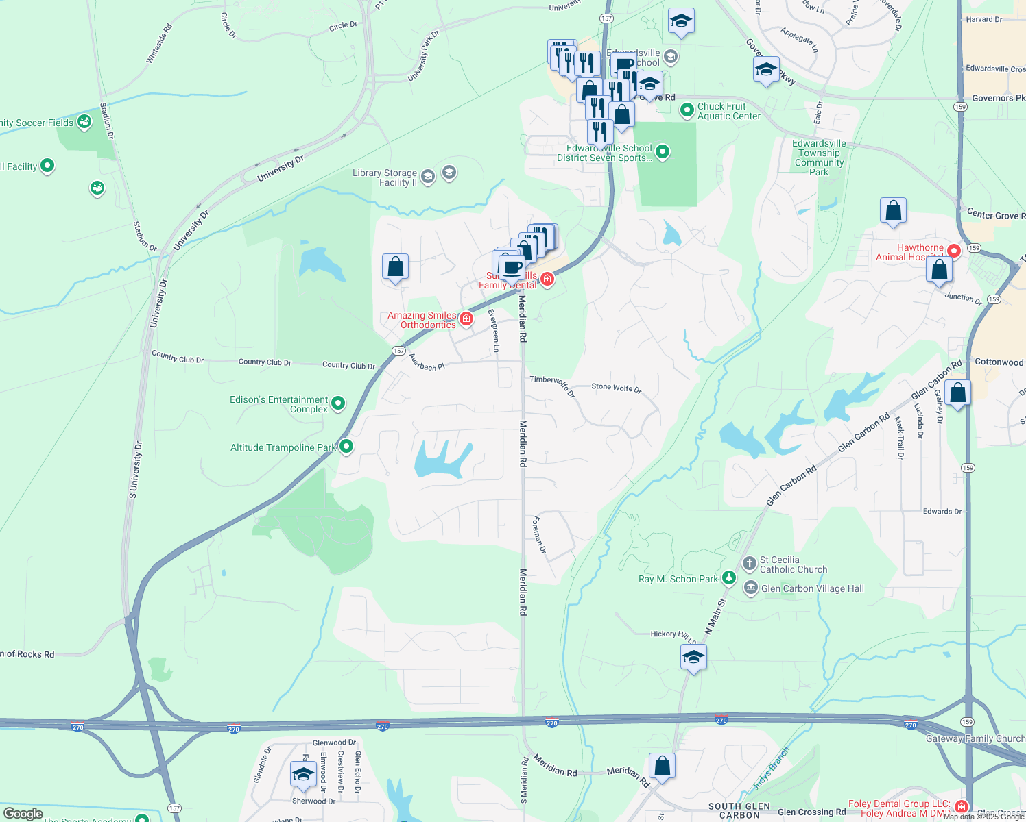 map of restaurants, bars, coffee shops, grocery stores, and more near 10 Ernst Drive in Glen Carbon