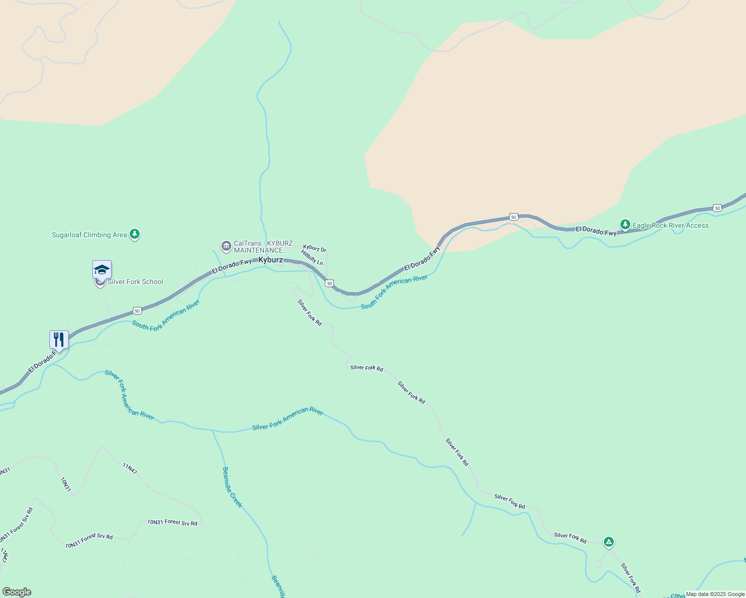 map of restaurants, bars, coffee shops, grocery stores, and more near 13870 Riverside in Kyburz