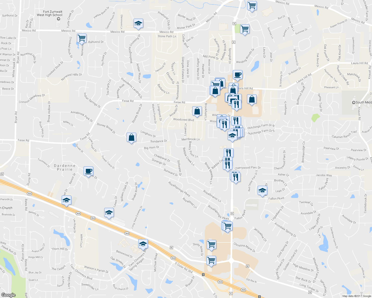 map of restaurants, bars, coffee shops, grocery stores, and more near 2614 Babble Creek Lane in O'Fallon